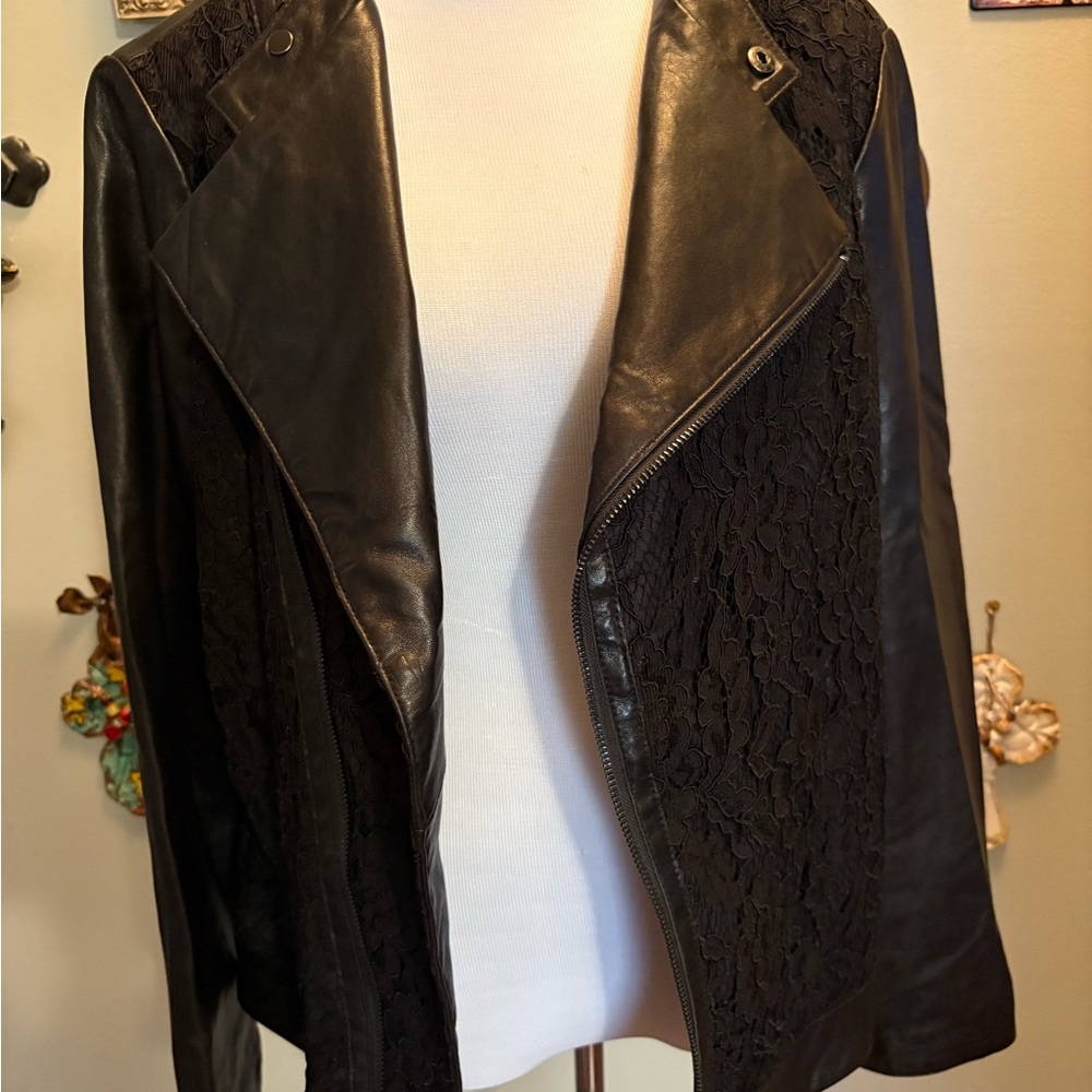 Neiman Marcus Exclusive - Lace Panel Leather Moto Jacket